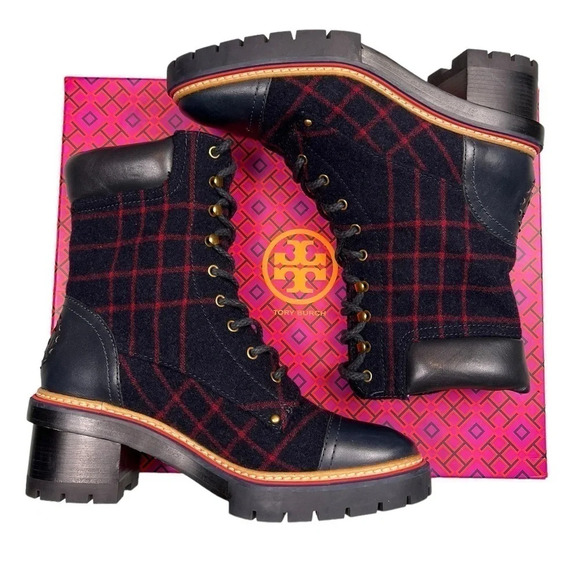 Tory Burch Womens Boots Miller 60MM Checked Wool Calf Leather Navy Size 8 - Picture 1 of 13